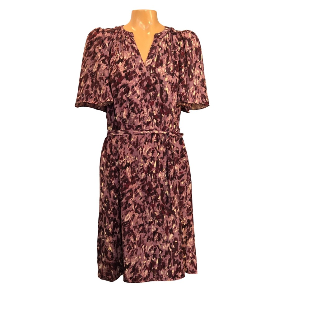 41 Hawthorne Women Purple‎ Abstract V Neck Short Sleeve Belted Midi Dress Size S